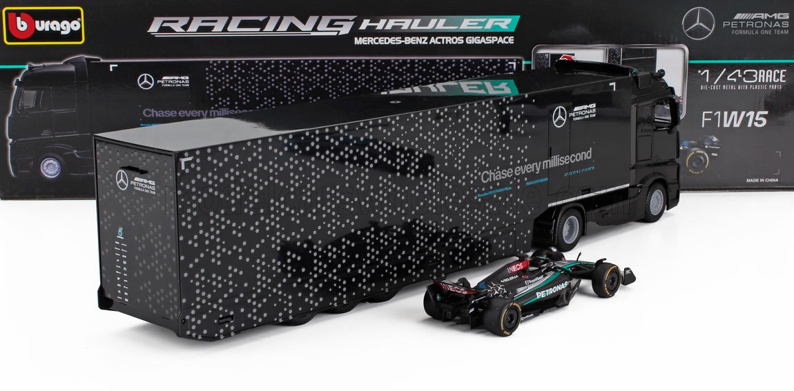 MERCEDES BENZ - ACTROS 2 GIGASPACE TRUCK CAR TRANSPORTER WITH F1 MERCEDES GP W14 TEAM MERCEDES-AMG PETRONAS FORMULA ONE SEASON 2023 GEORGE RUSSELL