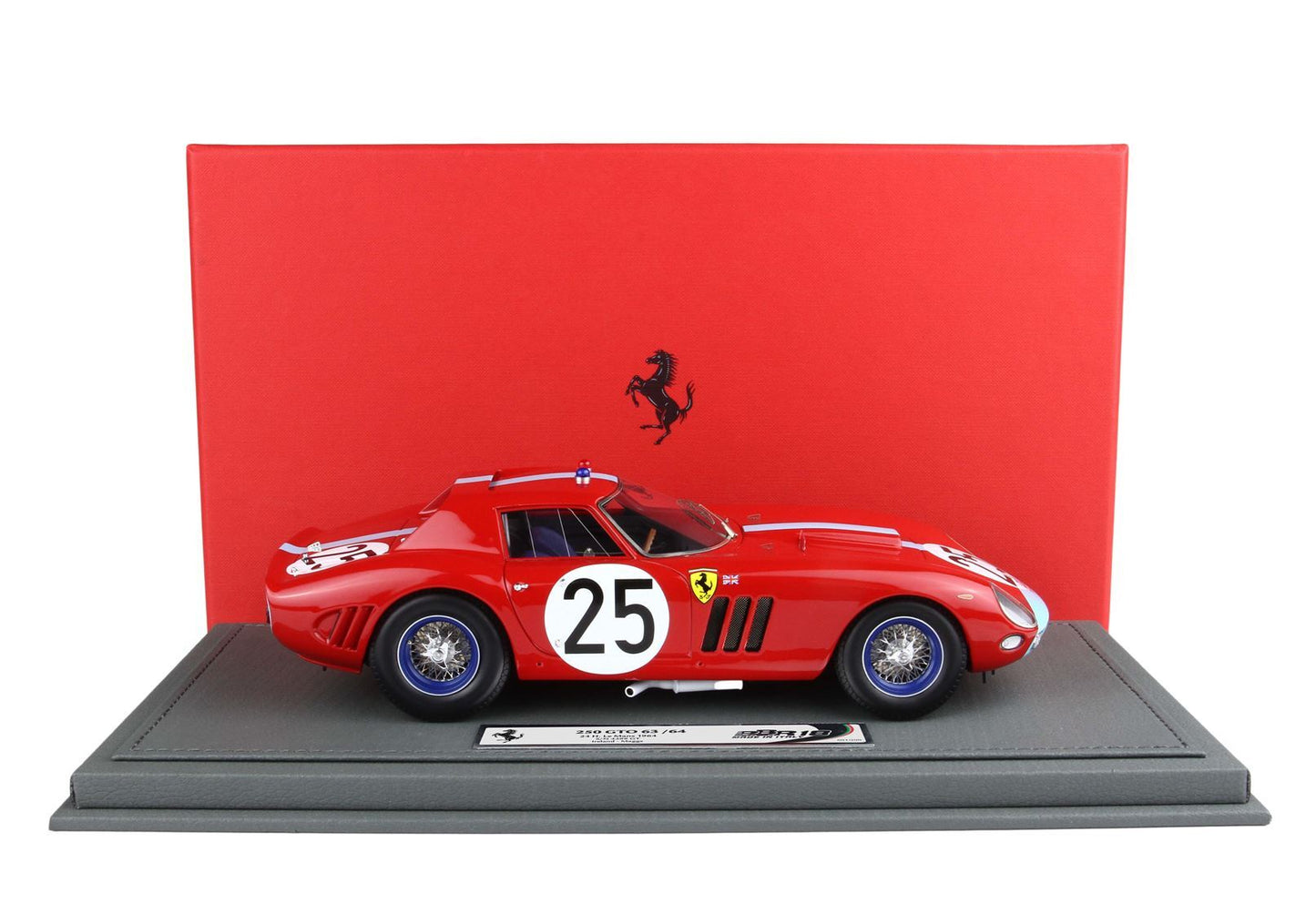 Red 1962 Ferrari 250 GTO scale model with number 25 on racing display base, available on Vroomi