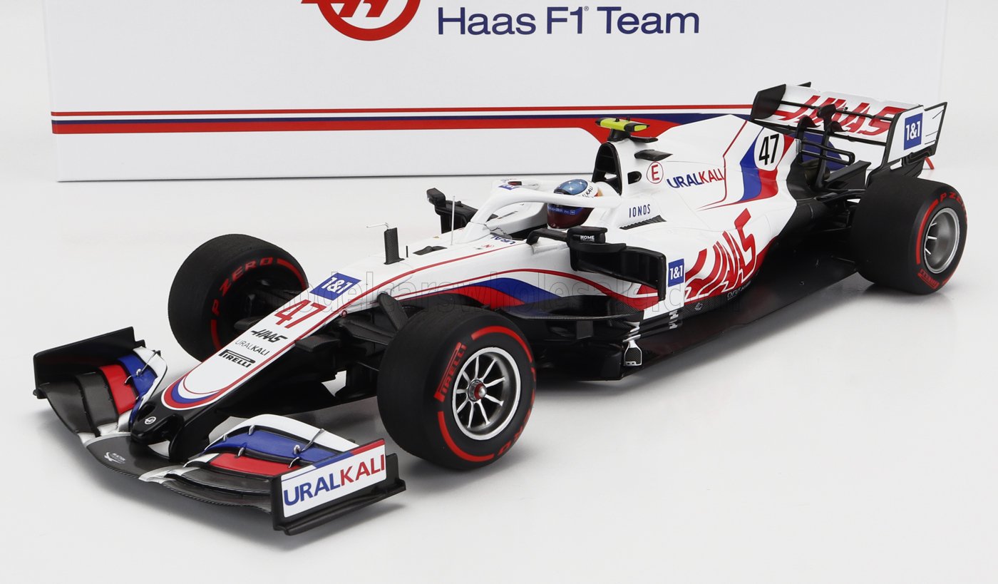 HAAS - F1 VF-21 065/6 TEAM URALKALI N 47 BELGIUM GP 2021 MICK SCHUMACHER CON CASCO RETRO MICHAEL SCHUMACHER LIBREA - BLANCO AZUL ROJO
