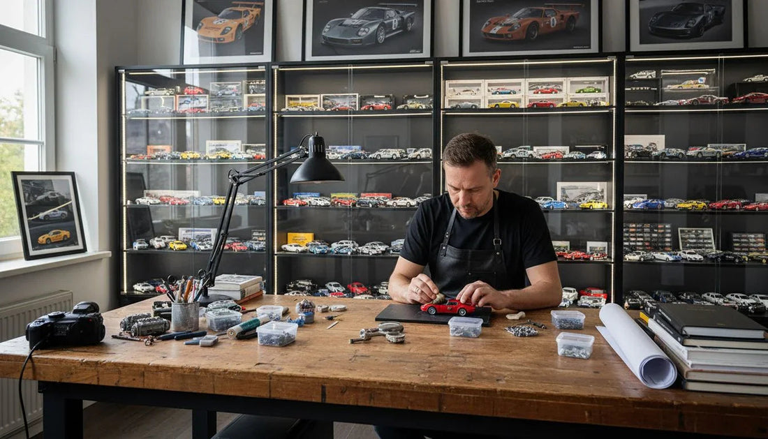 Scale model car workshop with man assembling red car, collectible models available for purchase