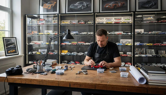 Scale model car workshop with man assembling red car, collectible models available for purchase