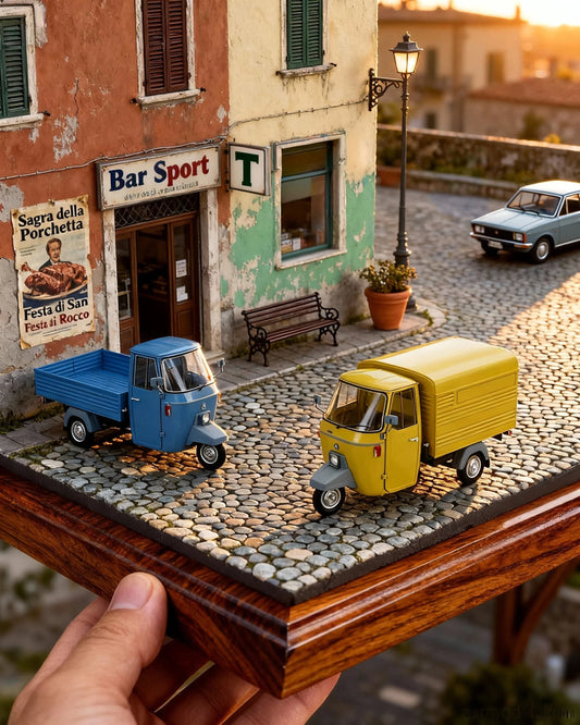 Miniature Piaggio Ape trucks on cobblestone street in Italian village scene, available for purchase on Vroomi replica