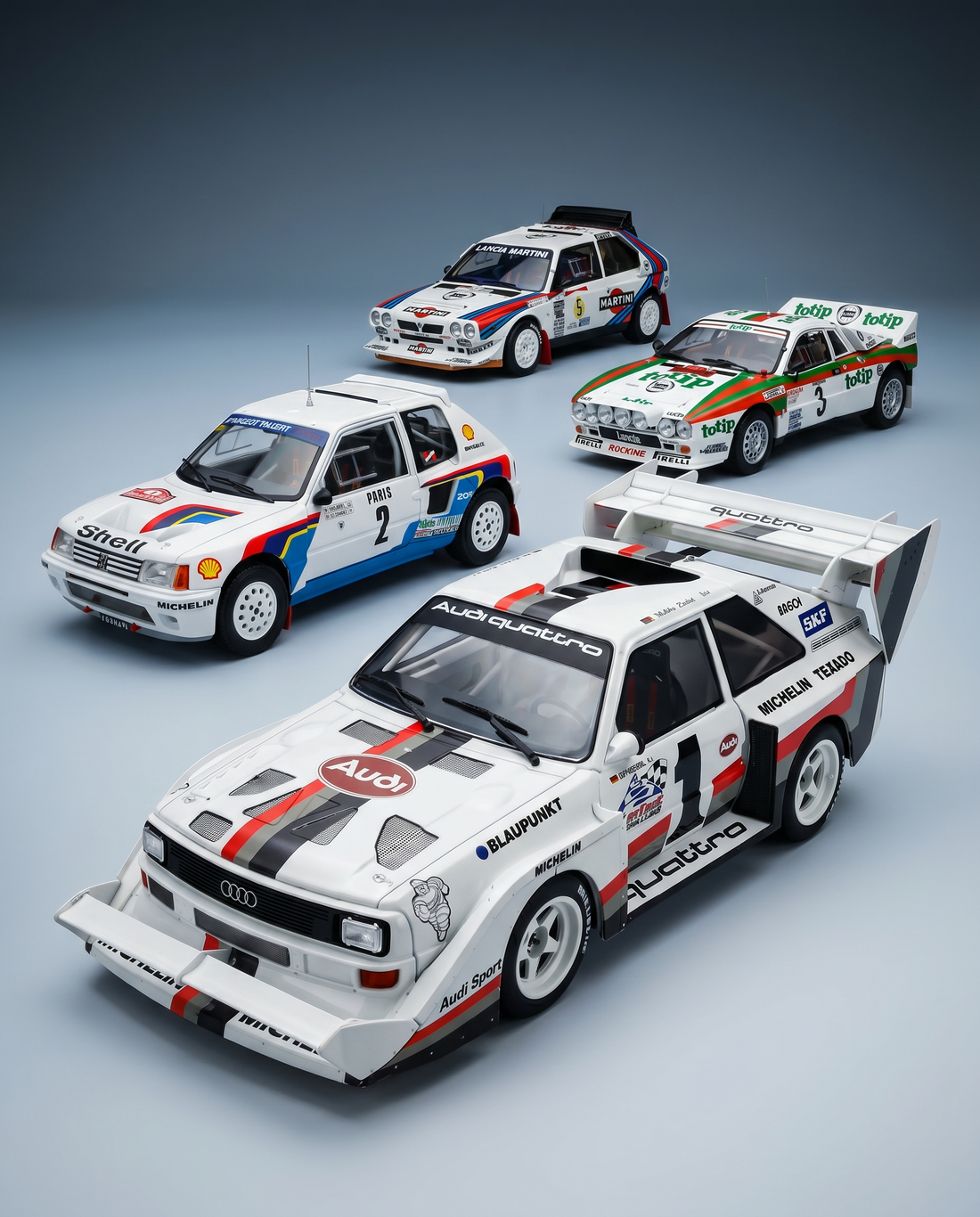 Quattro modellini del Gruppo B del Rally