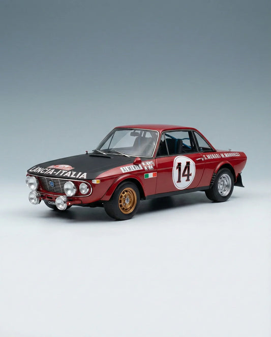 Modelo em escala do carro Lancia Fulvia Rally n.º 14, réplica detalhada em metal fundido vermelho, disponível online