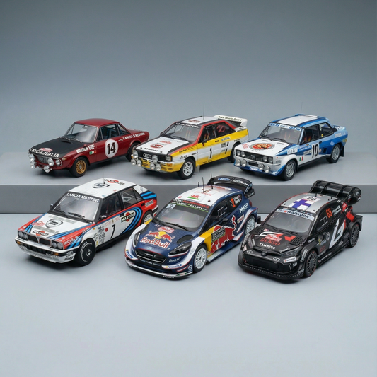 Modelos em escala de carros de rali lendários disponíveis para compra num site de colecionadores, com designs detalhados em metal fundido.