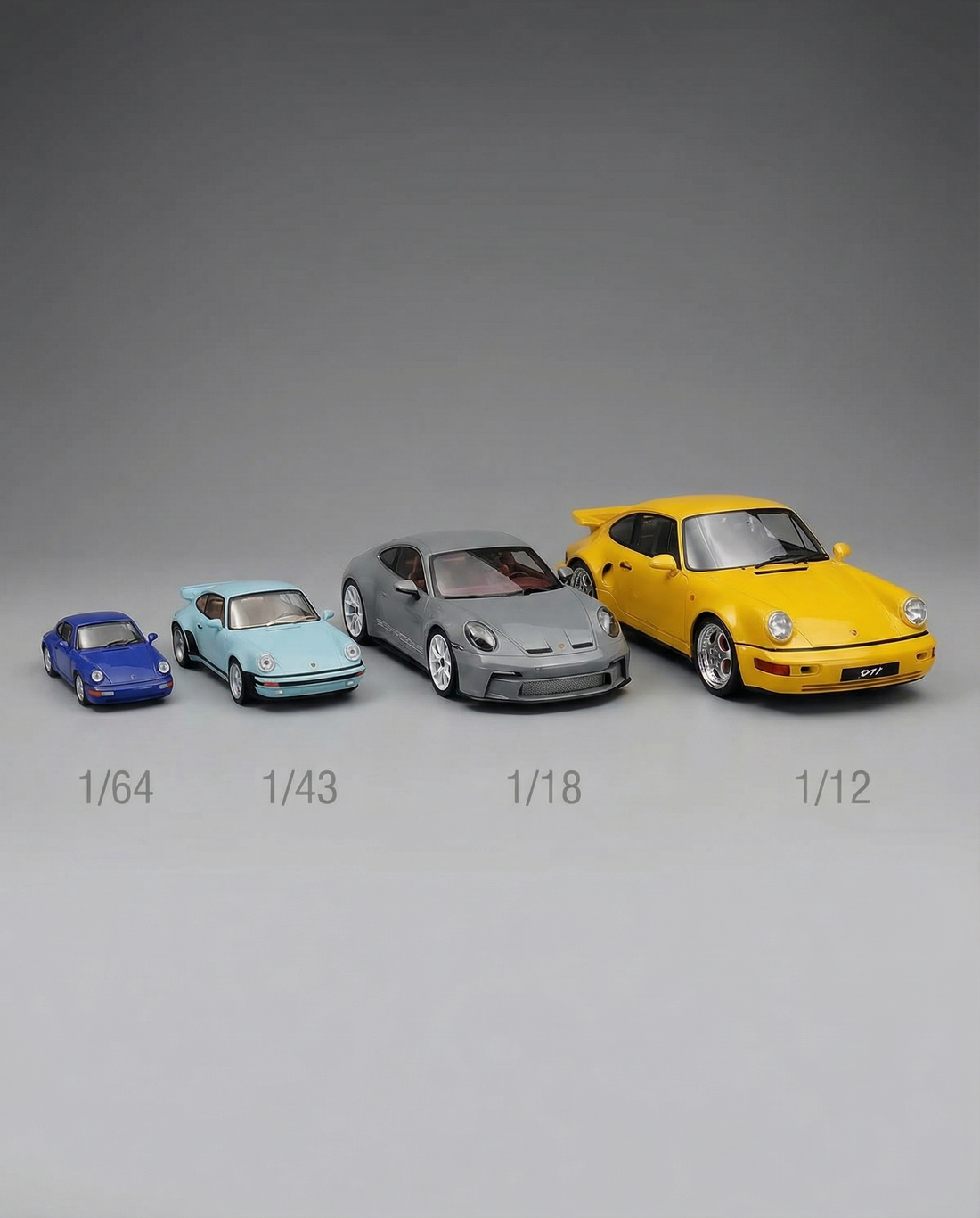 scale model car Porsche size comparison in 1/64, 1/43, 1/18, 1/12, find at Vroomi online