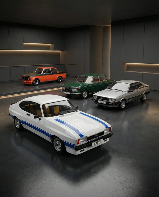 scale model car Ford Capri with blue stripes, available for collectors at this shop, in modern showroom with vintage scale models in background