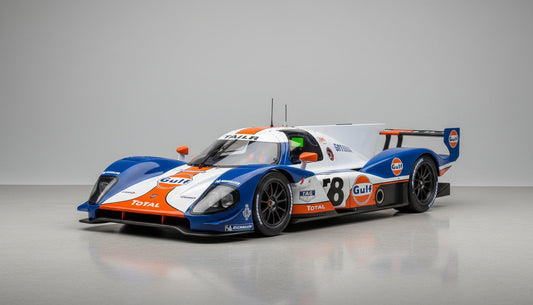 Scale model car Courage C60 Gulf livery, collectible race replica offered for enthusiasts online