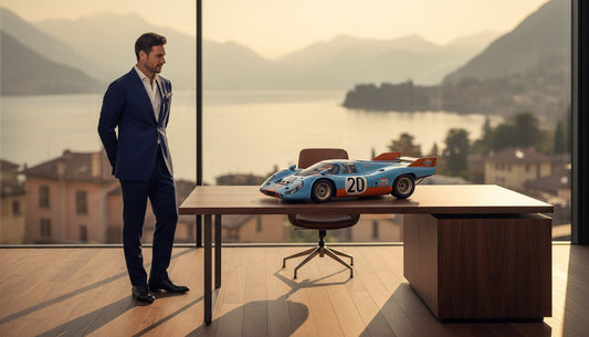 Maquete do carro Porsche 917K com pintura Gulf numa secretária de escritório moderna; peça de coleção agora disponível online