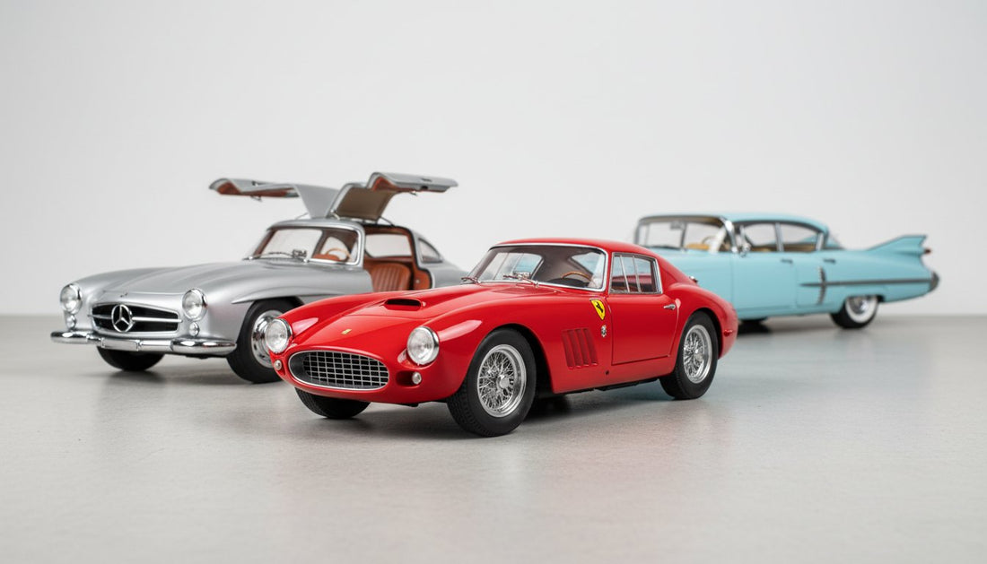 Das Ferrari-250-Modellauto ist ab sofort online für Sammler erhältlich; abgebildet zusammen mit klassischen Diecast-Modellen.