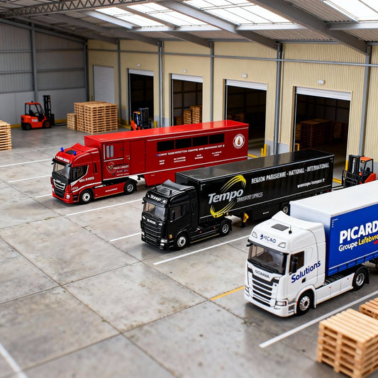 scale model car Tempo Truck available through Vroomi, parked with other trucks in warehouse diorama