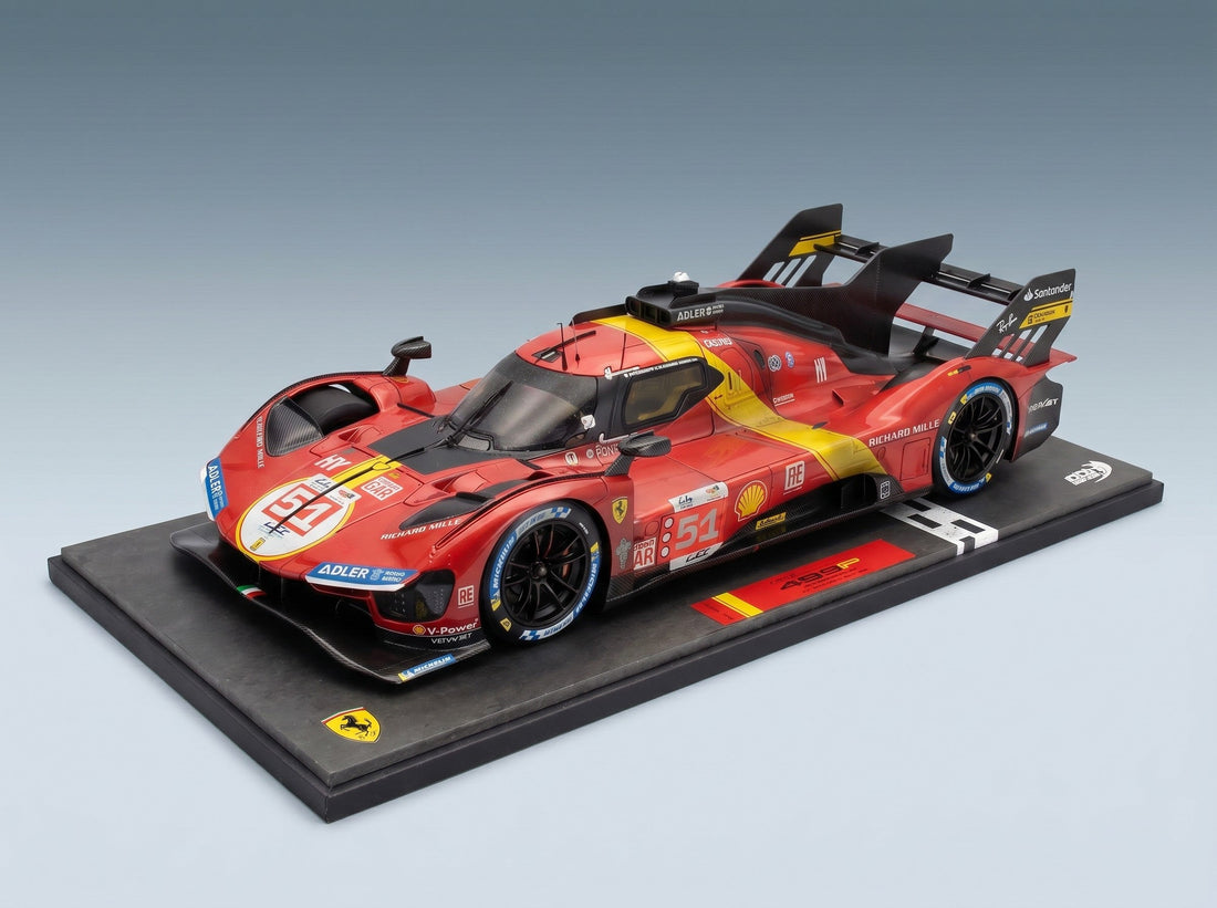 Ferrari 499P No. 51, winner of the 2023 24 Hours of Le Mans, scale model on display base