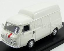 White vintage toy van model with red stripe on hood, displayed on black platform, available on Vroomi