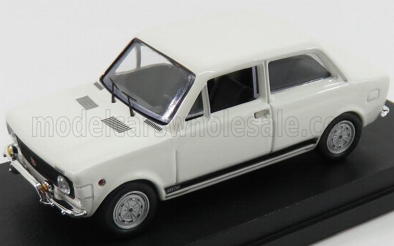 White vintage Fiat 128 model car on black base, available through Vroomi platform