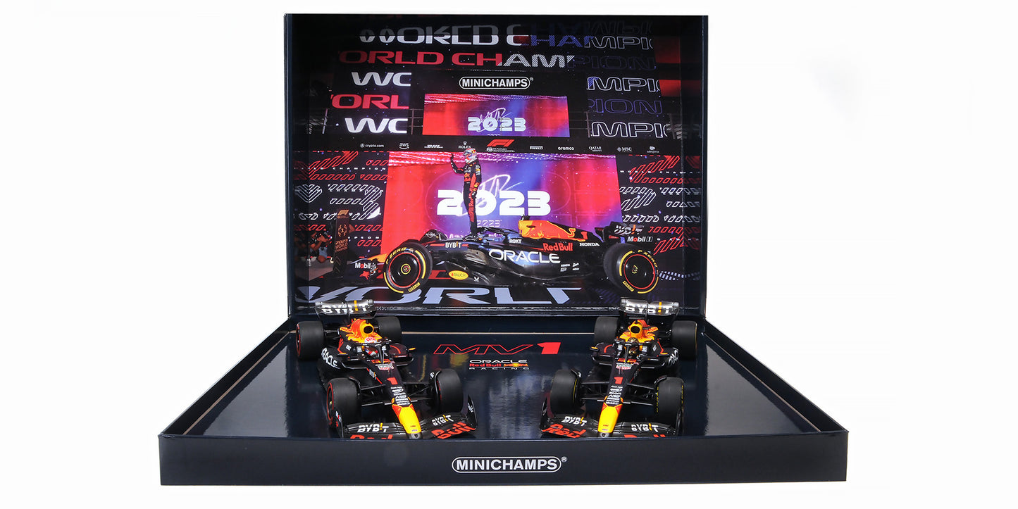 RED BULL RACING RB19 TWO CAR SET MAX VERSTAPPEN W.C. QATAR SPRINT &amp; GP 2023