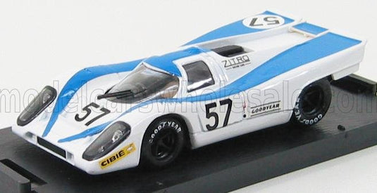 modellino in scala #57 blu e bianco modellino pneumatici Goodyear, esposto su un supporto nero — Vroomi