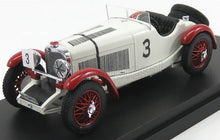 Vintage white and red racing car model with number 3 on door, detailed wheels, shown on display platform, available through Vroomi