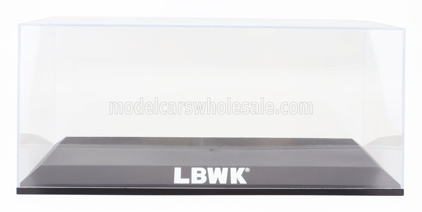 Clear display case with black base labeled LBWK, perfect for model cars, offered on Vroomi