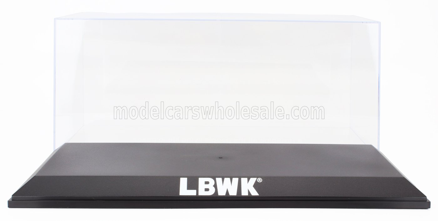 Clear acrylic display case with black base and LBWK logo, available through Vroomi