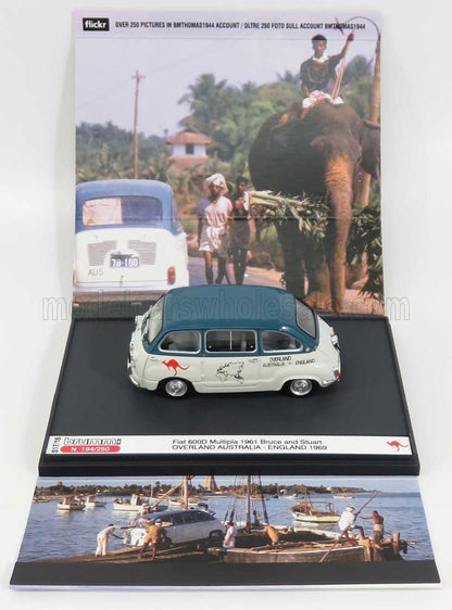 FIAT - 600D MULTIPLA 1961 - OVERLAND AUSTRALIA - ENGLAND 1969 BRUCE THOMAS - STUART HARPER - WHITE GREEN Scale model car on Vroomi