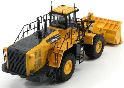 Yellow Komatsu WA600 scale model wheel loader with detailed cabin and large bucket, available at Vroomi