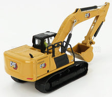 Yellow CAT 325 toy excavator model with black tracks, detailed hydraulic arm, shown on white background, offered via Vroomi
