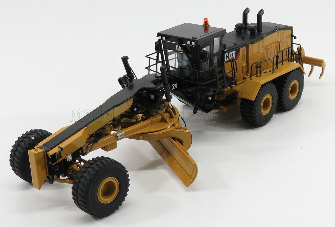 Detailed scale model of yellow and black CAT motor grader, offered on Vroomi