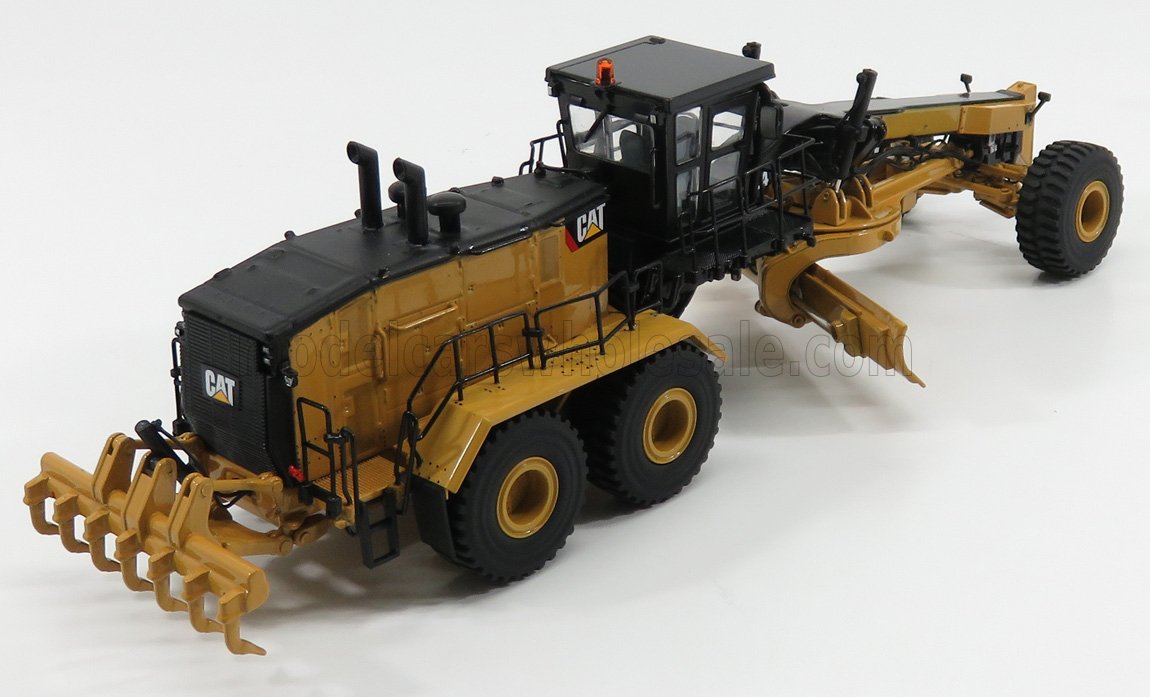 Cat motor grader model in yellow and black with large tires, detailed cab, available on Vroomi