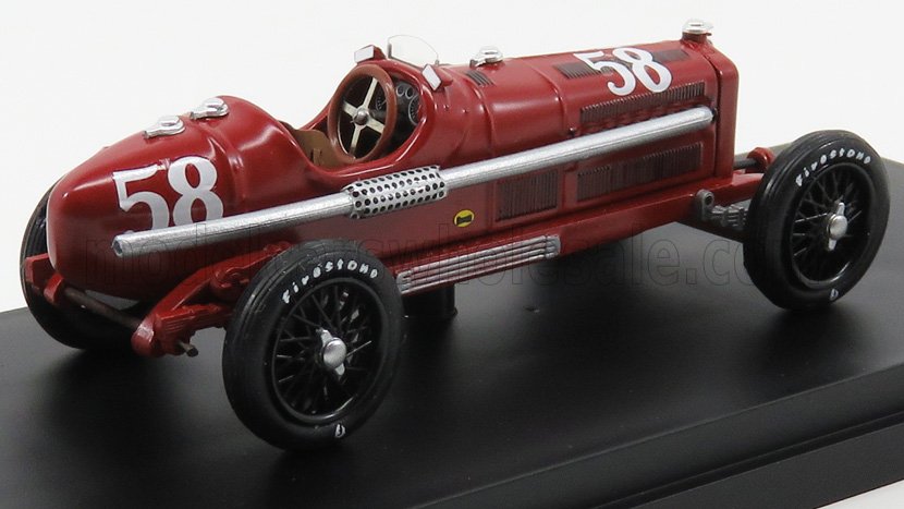 Red vintage race car model number 58 with Firestone tires on display base, now on Vroomi
