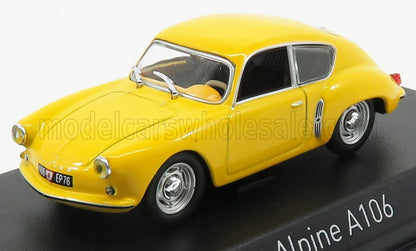 Yellow Alpine A106 classic car model displayed on a black platform, now available at Vroomi