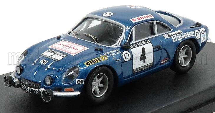 Voiture miniature Alpine A110 bleue avec décals rallye, présentée sur socle noir — Vroomi