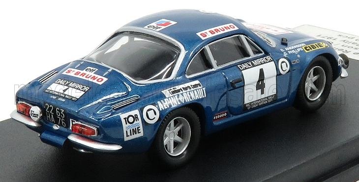 Voiture miniature Alpine Renault bleue avec décalcomanies de course, sur socle noir — Vroomi