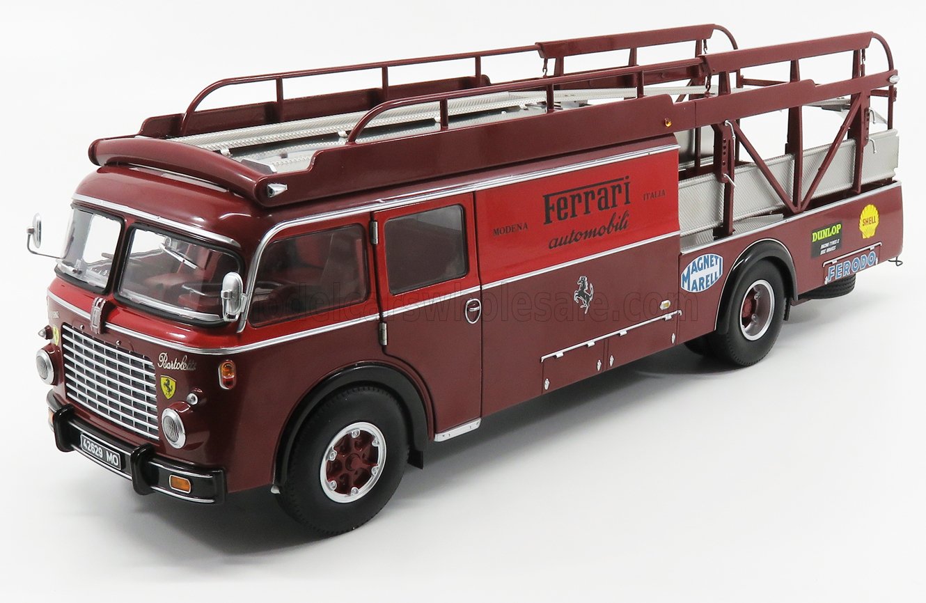 Vintage maroon Ferrari car transporter truck model with sponsor decals available on Vroomi