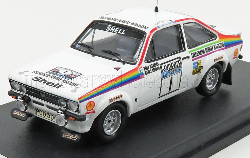 White classic Ford Escort rally car model with rainbow stripe and Shell logos, featured on Vroomi