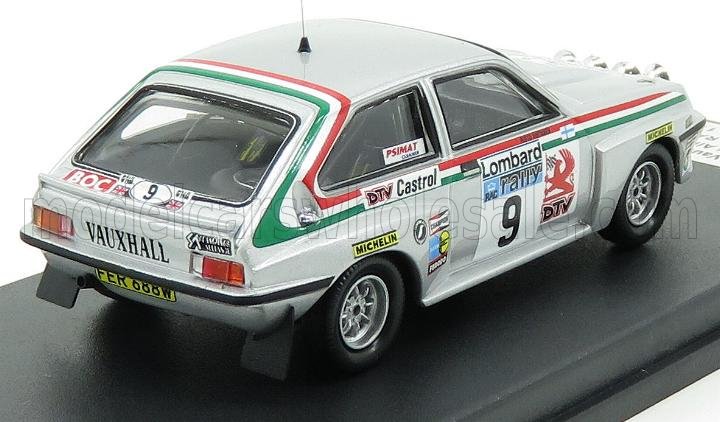 White Vauxhall rally car model with red green stripes and number 9, available on Vroomi