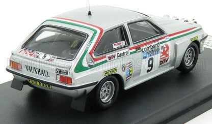 White Vauxhall rally car model with red green stripes and number 9, available on Vroomi