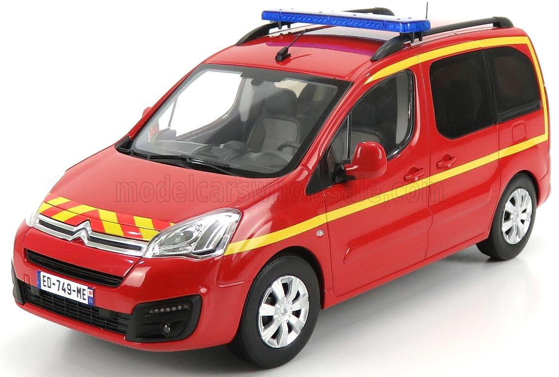 Red Citroën fire service van model with yellow stripes and blue emergency light, offered on Vroomi