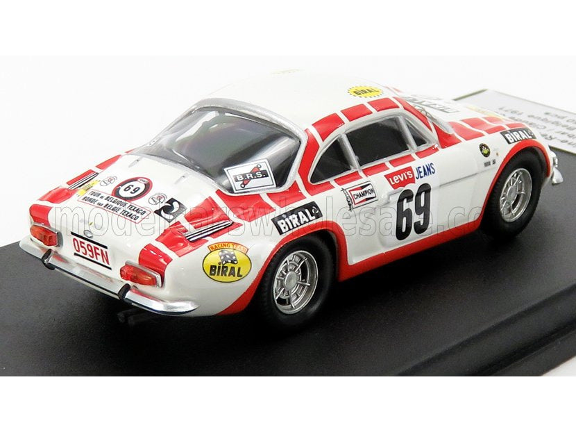 Miniature de l'Alpine A110 N 69 de rallye en blanc et rouge avec décalcomanies détaillées Biral et Levi's Jeans du Tour de Belgique 1971
