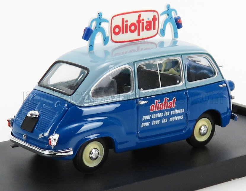 Voiture miniature fourgonnette Oliofiat bleue avec enseigne de toit, présentée par Vroomi pour les collectionneurs