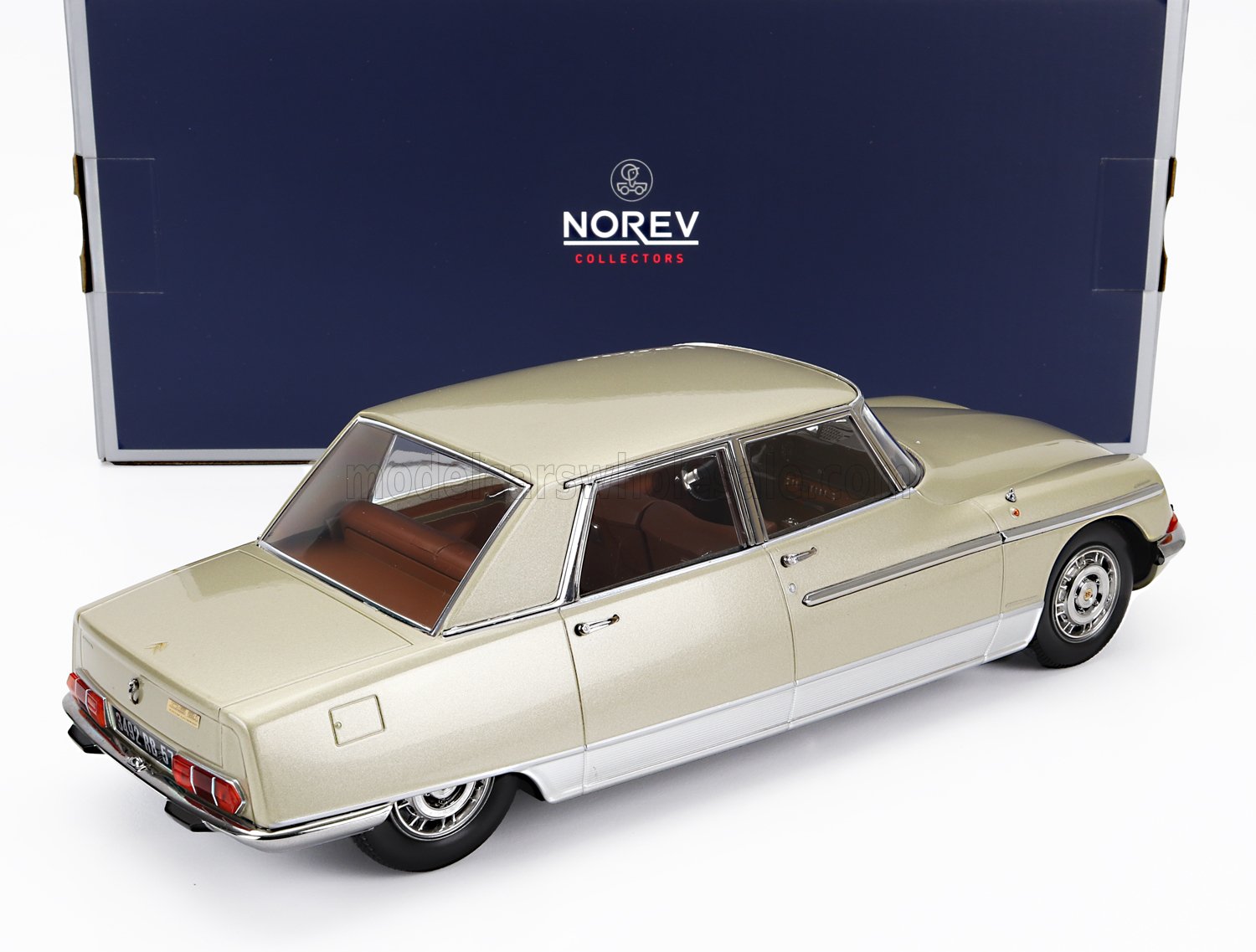 Beige Norev Collectors model of classic Citroën DS sedan with brown interior, available through Vroomi dealers