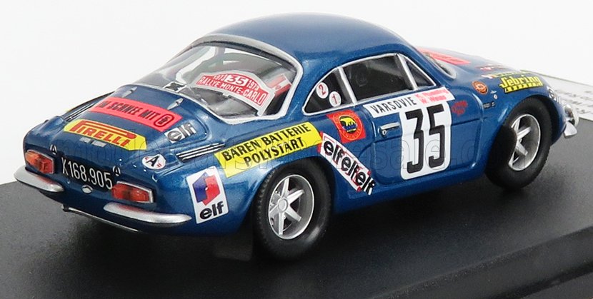 Voiture miniature 1:43 bleue avec décals de course, numéro 35, présentée chez Vroomi