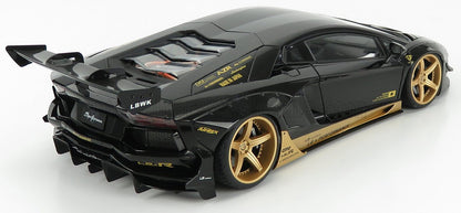 Black Lamborghini sports car model with gold rims and wide body kit, featured on Vroomi platform