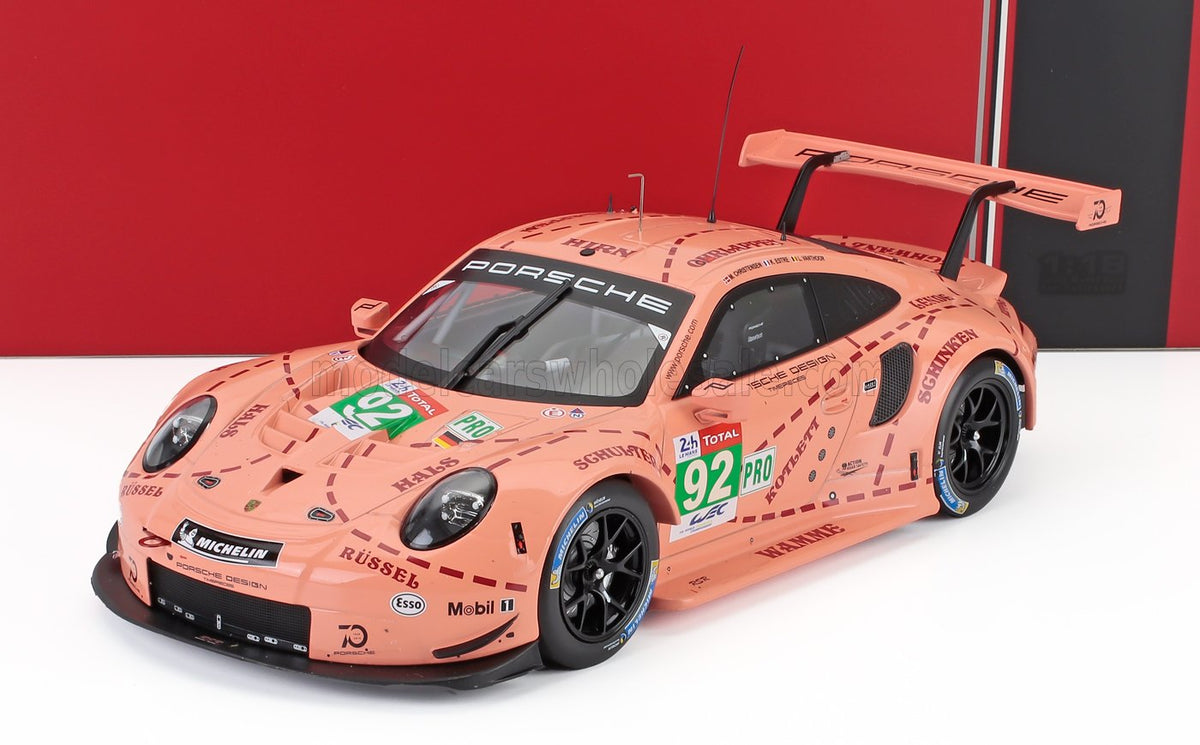 Porsche 911 991 RSR Porsche GT Team No. 92 Winner LMGTE Pro Pink Pig Tribute 24h Le Mans 2018 Michael Christensen Kevin Estre Laurens Vanthoor IXO Models 1:18 scale model