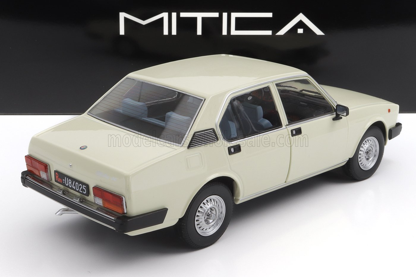 Ivory classic Alfa Romeo Alfetta sedan model car with black bumper, available on Vroomi platform