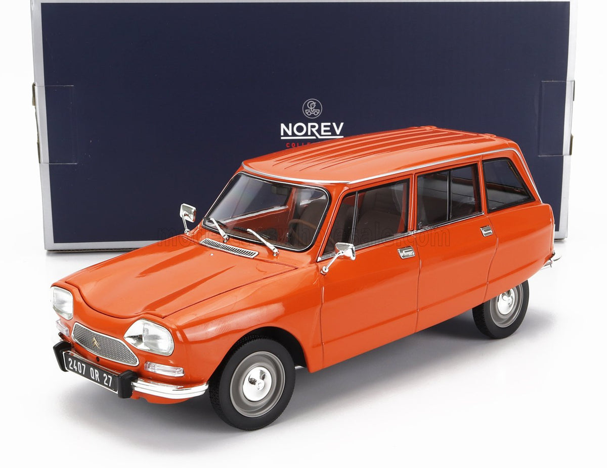 Orange Citroën DS 21 Break scale model car by Norev, displayed with box — Vroomi collector's edition