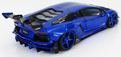 Blue Liberty Walk Lamborghini Aventador with wide body kit and large rear wing, offered on Vroomi