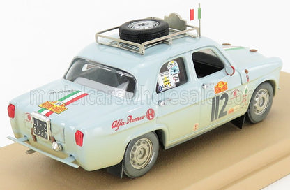 Light blue Alfa Romeo vintage rally model car with racing decals, spare tire on roof rack, available on Vroomi