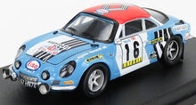 Blue and red 1:18 scale model rally car with racing decals, available for collectors on Vroomi.