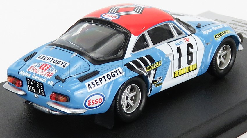 Voiture miniature Alpine Renault de rallye bleu et rouge avec décalques Esso et Michelin, présentée à Vroomi