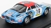 1:18 scale Alpine Renault rally car model, blue and red, racing livery, collectible now available.